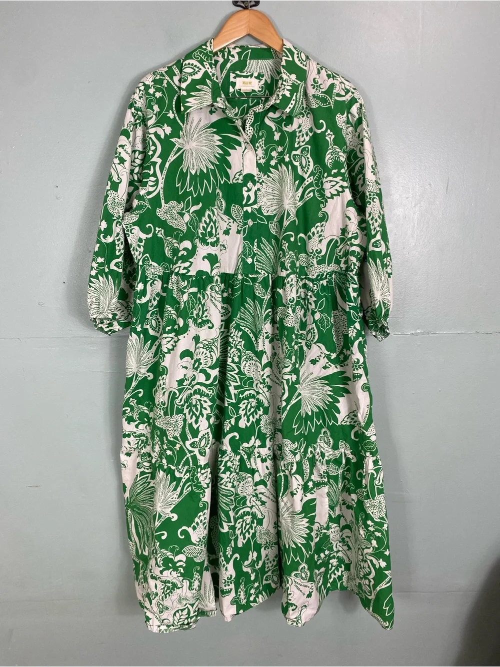 Anthropologie The Adaptive Bettina Poplin Tiered Shirt Dress Green White 2X - Picture 1 of 7